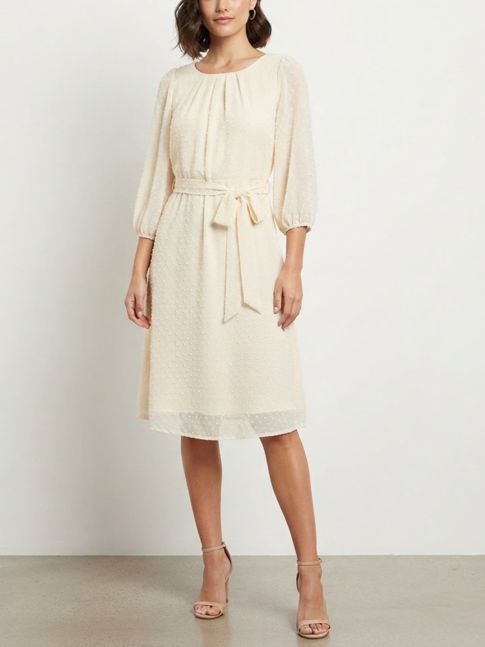 ✨ NY Collection Cream Swiss Dot Midi Dress 3/4 Sleeve Plus Size XL❤️